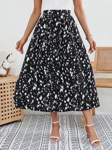 SHEIN Frenchy Allover Print Elastic Waist Flare Skirt - Black and White - View 2