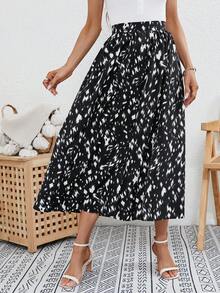 SHEIN Frenchy Allover Print Elastic Waist Flare Skirt - Black and White - View 4