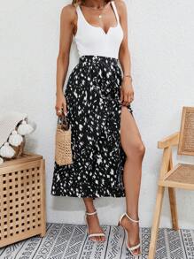 SHEIN Frenchy Allover Print Elastic Waist Flare Skirt - Black and White - View 1