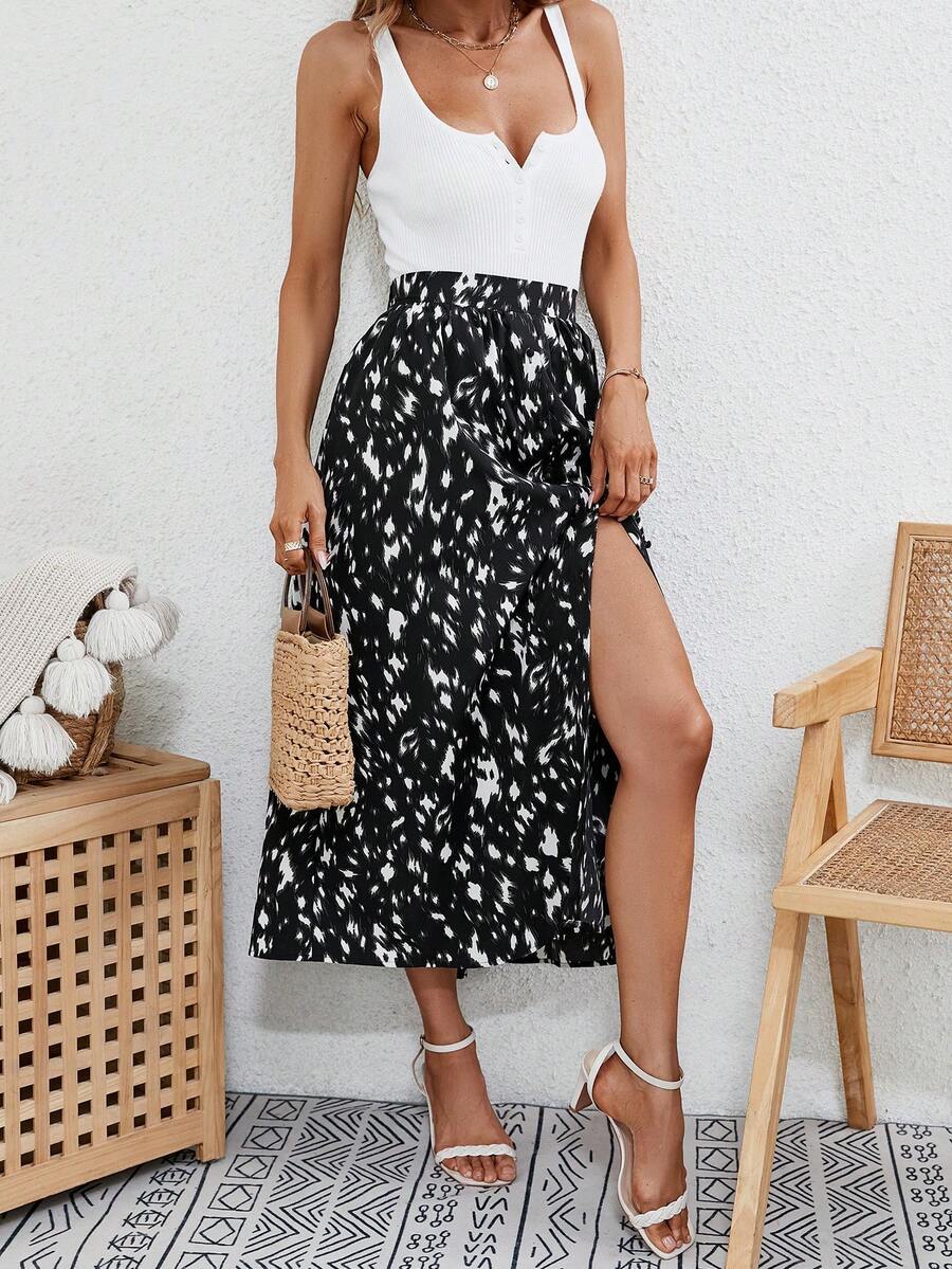 SHEIN Frenchy Váy nữ Nút phía trước Tất cả trên in Giải trí - Đen và trắng - Xem 1