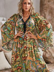 S BETRO Allover Print Trumpet Sleeve Dress - Multicolor - View 5