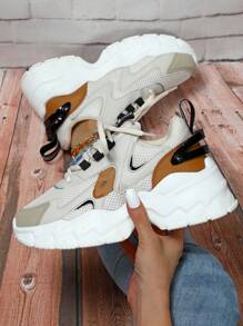 Sporty Chunky Sneakers For Women, Colorblock Letter Graphic Lace-up Front Sneakers - Multicolor - View 1