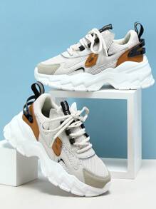 Sporty Chunky Sneakers For Women, Colorblock Letter Graphic Lace-up Front Sneakers - Multicolor - View 3