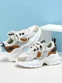 Sporty Chunky Sneakers For Women, Colorblock Letter Graphic Lace-up Front Sneakers - Multicolor - View 4