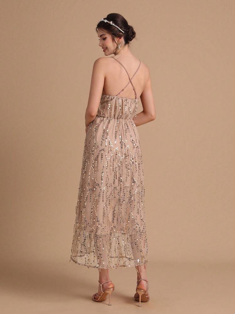SHEIN Belle Sequin Decor Ruffle Hem Dress - Apricot - View 2
