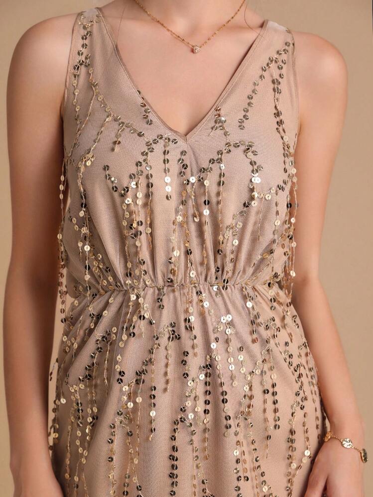 SHEIN Belle Sequin Decor Ruffle Hem Dress - Apricot - View 3