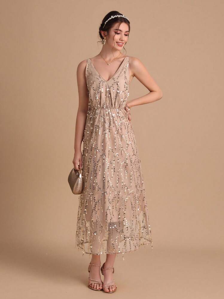 SHEIN Belle Sequin Decor Ruffle Hem Dress - Apricot - View 4