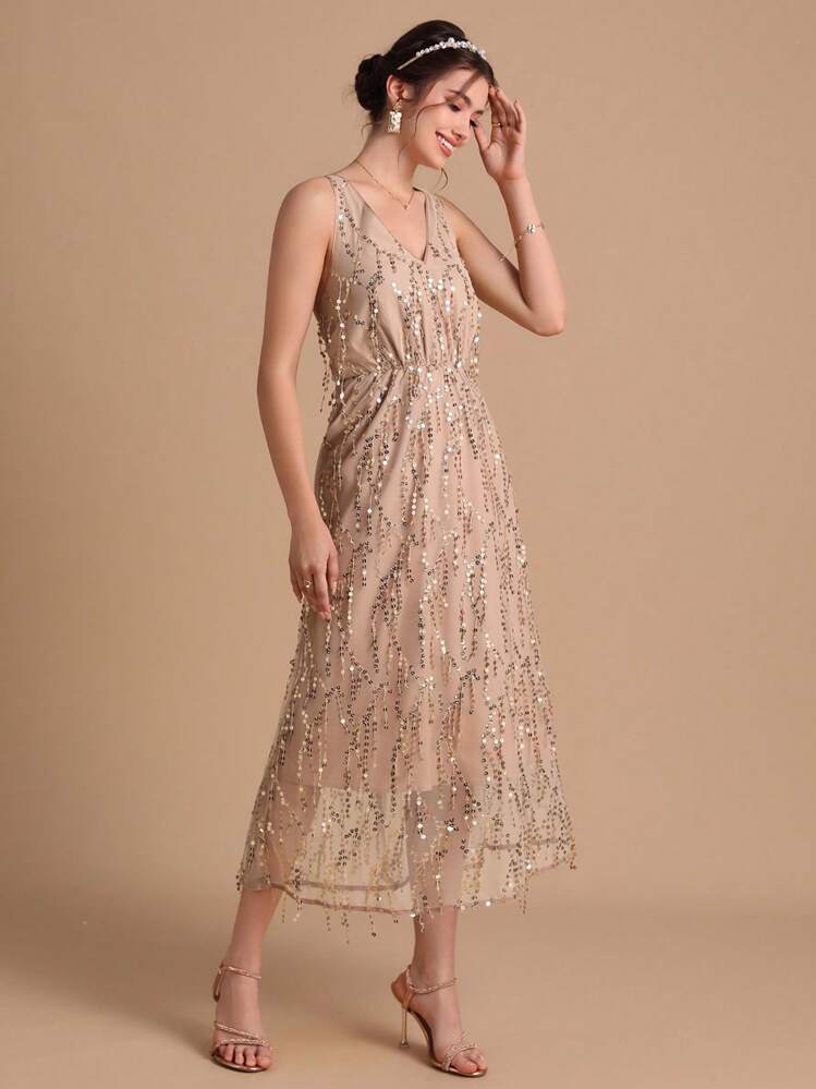 SHEIN Belle Sequin Decor Ruffle Hem Dress - Apricot - View 5