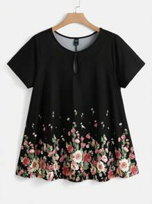 SHEIN LUNE 大碼印花鎖眼領T恤 - 黑色 - 查看 1