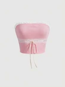 SHEIN MOD 蕾絲拼接前繫帶抹胸上衣 - 淺粉色 - 查看 1