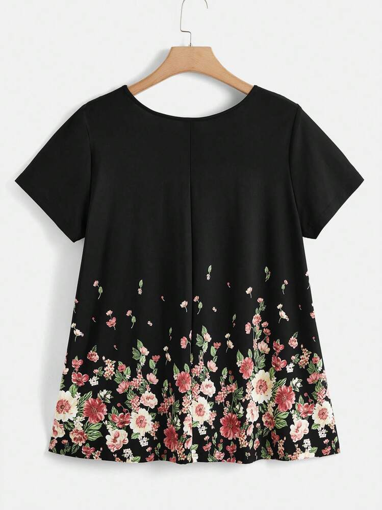 SHEIN LUNE Camiseta con estampado floral de cuello con abertura de ojo - Negro - Añade 2