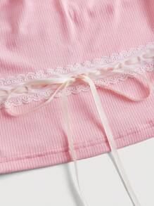 SHEIN MOD 蕾絲拼接前繫帶抹胸上衣 - 淺粉色 - 查看 4