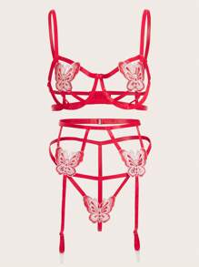 蝴蝶貼花鋼圈吊帶襪內衣套裝 - 紅色 - 查看 1