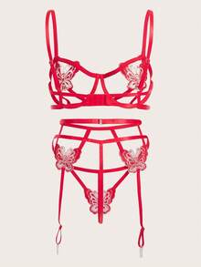 蝴蝶貼花鋼圈吊帶襪內衣套裝 - 紅色 - 查看 2