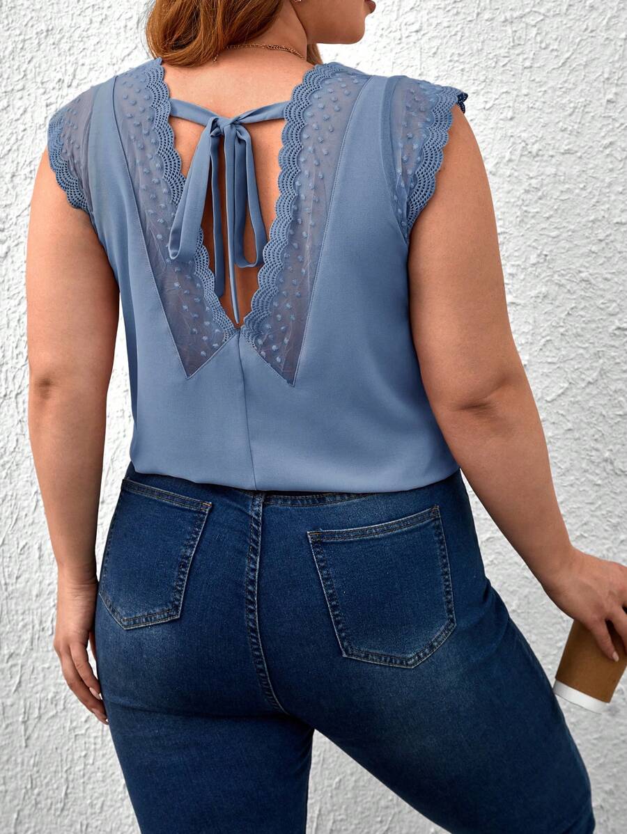 SHEIN Frenchy 大碼網紗拼接後綁帶襯衫 - 霧霾藍 - 查看 1