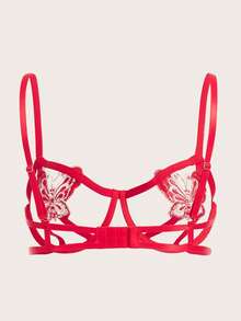 蝴蝶貼花鋼圈吊帶襪內衣套裝 - 紅色 - 查看 4