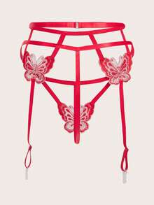 蝴蝶貼花鋼圈吊帶襪內衣套裝 - 紅色 - 查看 7