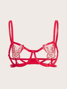 蝴蝶貼花鋼圈吊帶襪內衣套裝 - 紅色 - 查看 8