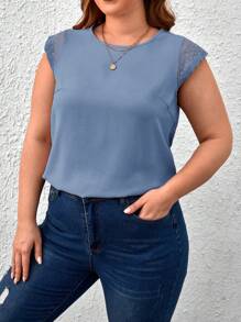 SHEIN Frenchy 大碼網紗拼接後綁帶襯衫 - 霧霾藍 - 查看 5