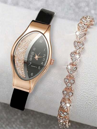 1 件男士手表黑色 PU 聚氨酯表带时尚水钻装饰椭圆形表盘石英表和 1 件串珠手链，适合日常生活，可作为学生返校礼物