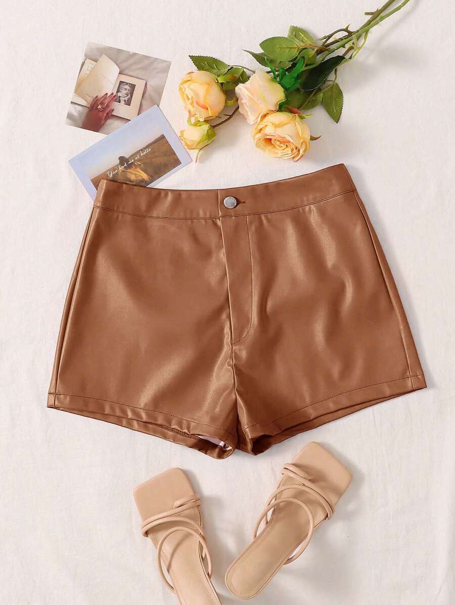 SHEIN Clasi 素色PU皮革短褲 - 棕色 - 查看 1