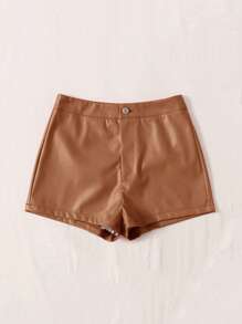SHEIN Clasi 素色PU皮革短褲 - 棕色 - 查看 3