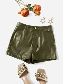 SHEIN Clasi 素色PU皮革短褲 - 軍綠色 - 查看 1