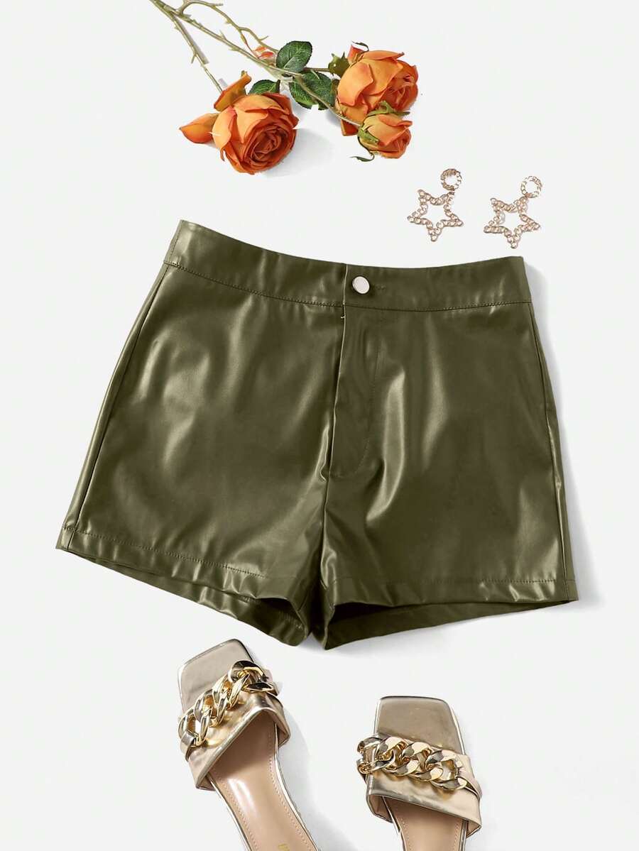 SHEIN Clasi 素色PU皮革短褲 - 軍綠色 - 查看 1