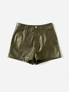 SHEIN Clasi 素色PU皮革短褲 - 軍綠色 - 查看 3