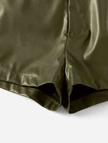 SHEIN Clasi 素色PU皮革短褲 - 軍綠色 - 查看 5