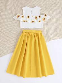 SHEIN Bộ hai mảnh Gái Thắt lưng Xù Hoa Boho - Nhiều màu - Xem 2