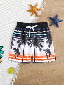 Young Boys' Swim Trunks Casual Beach Shorts With Drawstring Waistband, Tropical Coconut Tree Striped Print Kids Swimming ,Kids Beachwear