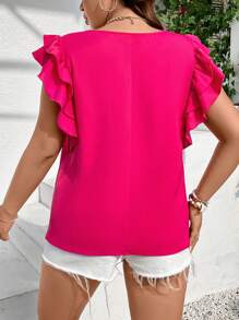 SHEIN LUNE Plus Solid Ruffle Trim Blouse - Hot Pink - View 2