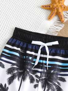 Young Boys' Swim Trunks Casual Beach Shorts With Drawstring Waistband, Tropical Coconut Tree Striped Print Kids Swimming ,Kids Beachwear