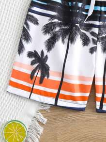 Young Boys' Swim Trunks Casual Beach Shorts With Drawstring Waistband, Tropical Coconut Tree Striped Print Kids Swimming ,Kids Beachwear