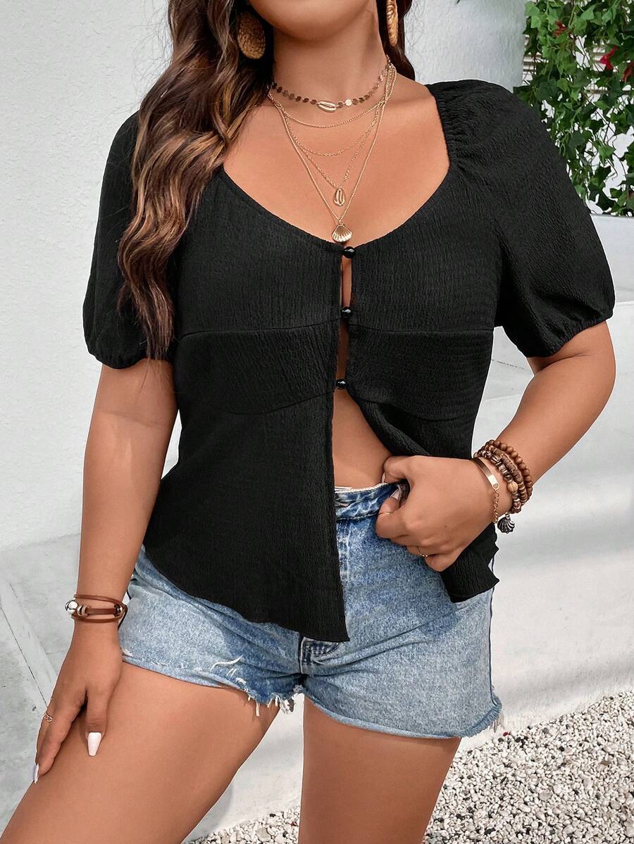 Celure Plus Puff Sleeve Button Front Top - Black - View 1