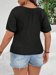 Celure Plus Puff Sleeve Button Front Top - Black - View 2