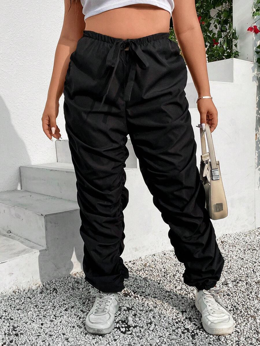 SHEIN Coolane Plus Drawstring Waist Ruched Trousers - Black - View 1
