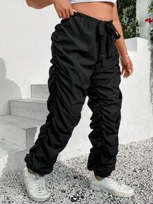 SHEIN Coolane Plus Drawstring Waist Ruched Trousers - Black - View 3