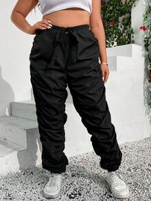 SHEIN Coolane Plus Drawstring Waist Ruched Trousers - Black - View 5