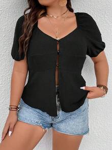 Celure Plus Puff Sleeve Button Front Top - Black - View 7