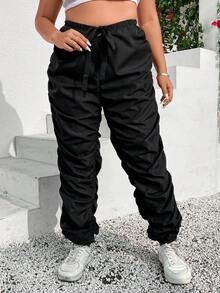 SHEIN Coolane Plus Drawstring Waist Ruched Trousers - Black - View 6