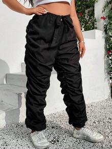 SHEIN Coolane Plus Drawstring Waist Ruched Trousers - Black - View 7