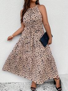 SHEIN LUNE Plus Dalmatian Print Ruffle Hem Belted Halter Dress - Khaki - View 1