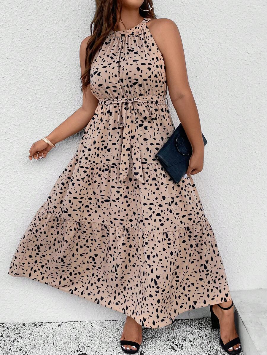 SHEIN LUNE Plus Dalmatian Print Ruffle Hem Belted Halter Dress - Khaki - View 1