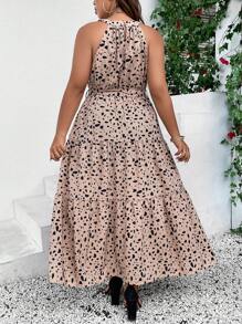 SHEIN LUNE Plus Dalmatian Print Ruffle Hem Belted Halter Dress - Khaki - View 2