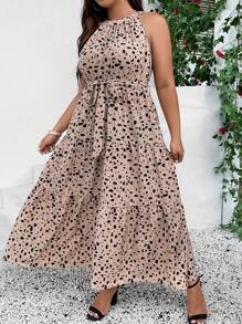 SHEIN LUNE Plus Dalmatian Print Ruffle Hem Belted Halter Dress - Khaki - View 3