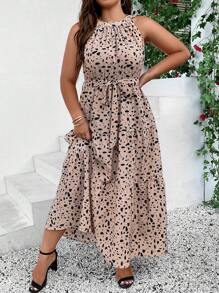 SHEIN LUNE Plus Dalmatian Print Ruffle Hem Belted Halter Dress - Khaki - View 4