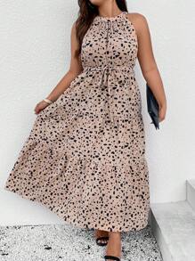 SHEIN LUNE Plus Dalmatian Print Ruffle Hem Belted Halter Dress - Khaki - View 6