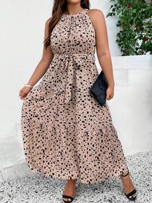 SHEIN LUNE Plus Dalmatian Print Ruffle Hem Belted Halter Dress - Khaki - View 7